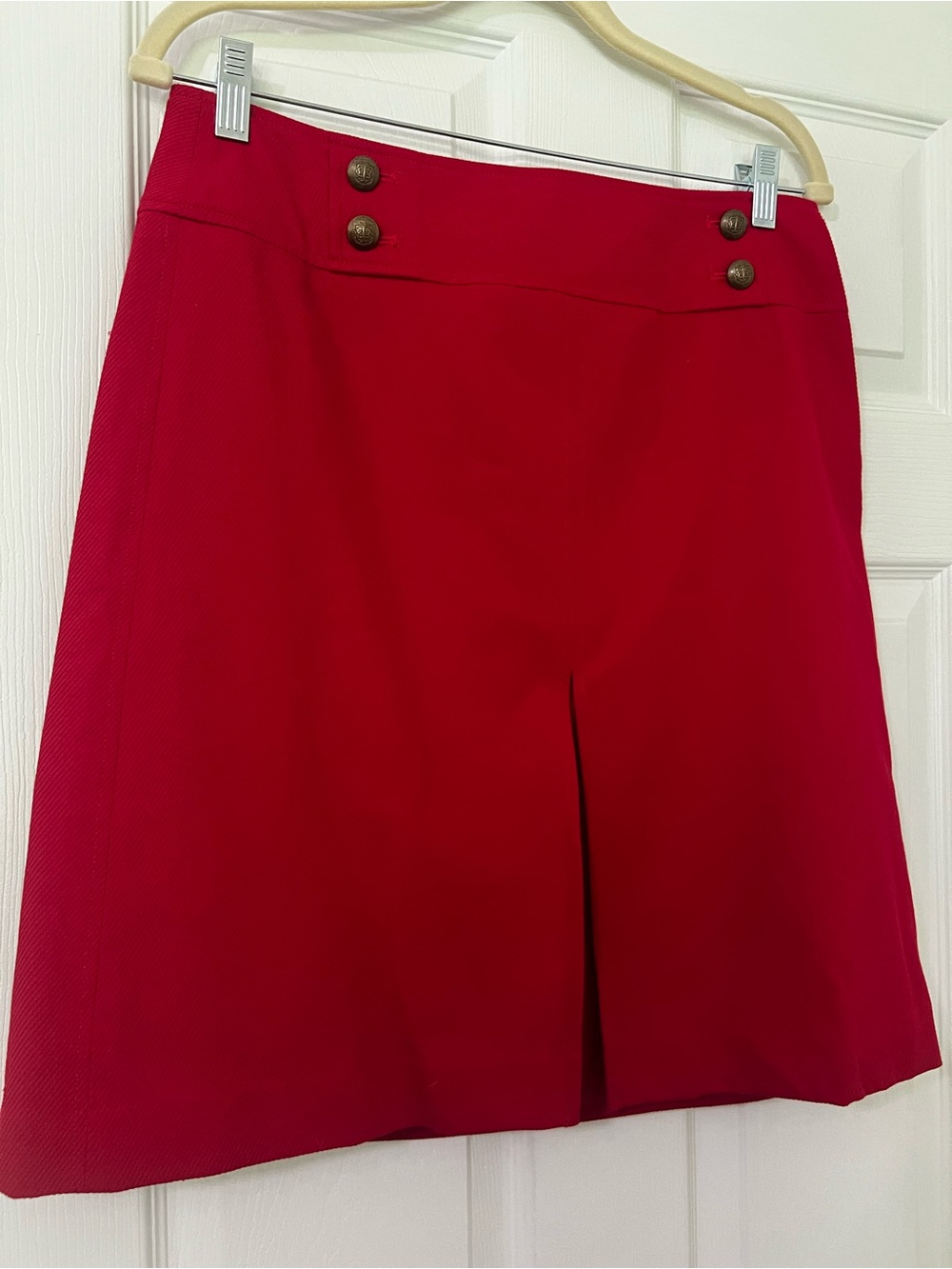 Talbots Women’s 8 Red Solid Twill A-Line Knee Zip Lined Slit Button
